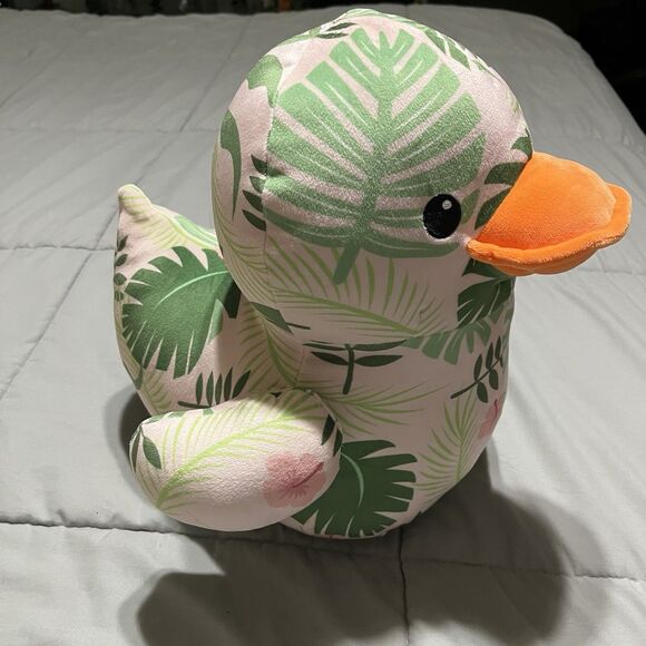 MTY International Light Pink Green Floral Tropical 14" Sitting Plush Duck Toy - Picture 3 of 7